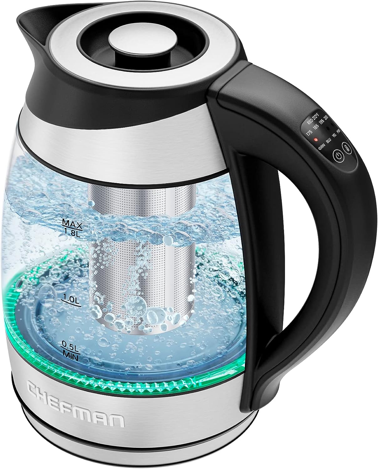 Chefman Electric Kettle with Temperature Control, 5 Presets LED Indicator Lights, Removable Tea Infuser, Glass Tea Kettle  Hot Water Boiler, 360° Swivel Base, BPA Free, Stainless Steel, 1.8 Liters