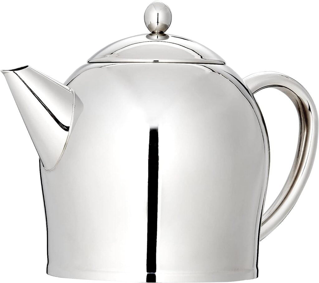 Cuisinox Polished Stainless Steel Double Walled Teapot, 6.3” x 5” (1 Quart)