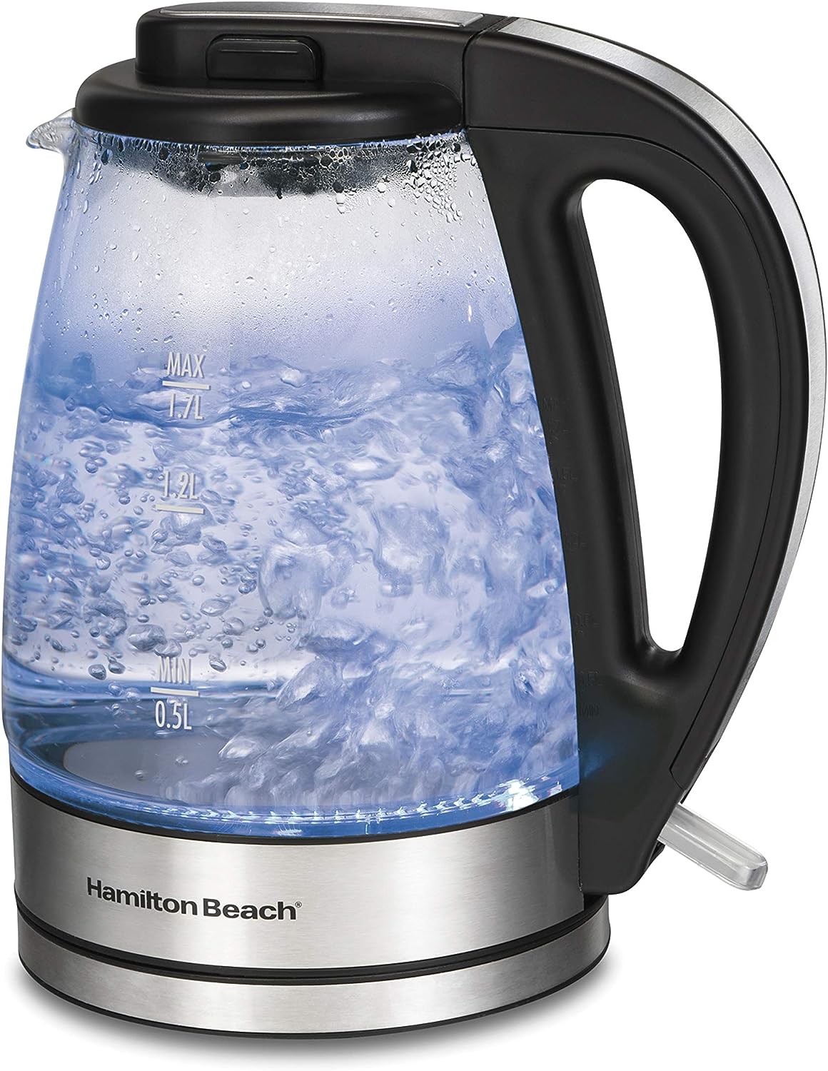 Hamilton Beach 40864 Electric Tea Kettle, Water Boiler  Heater, Cordless, LED Indicator with Built-In Mesh Filter, Auto-Shutoff  Boil-Dry Protection, 1.7 L, Clear Glass