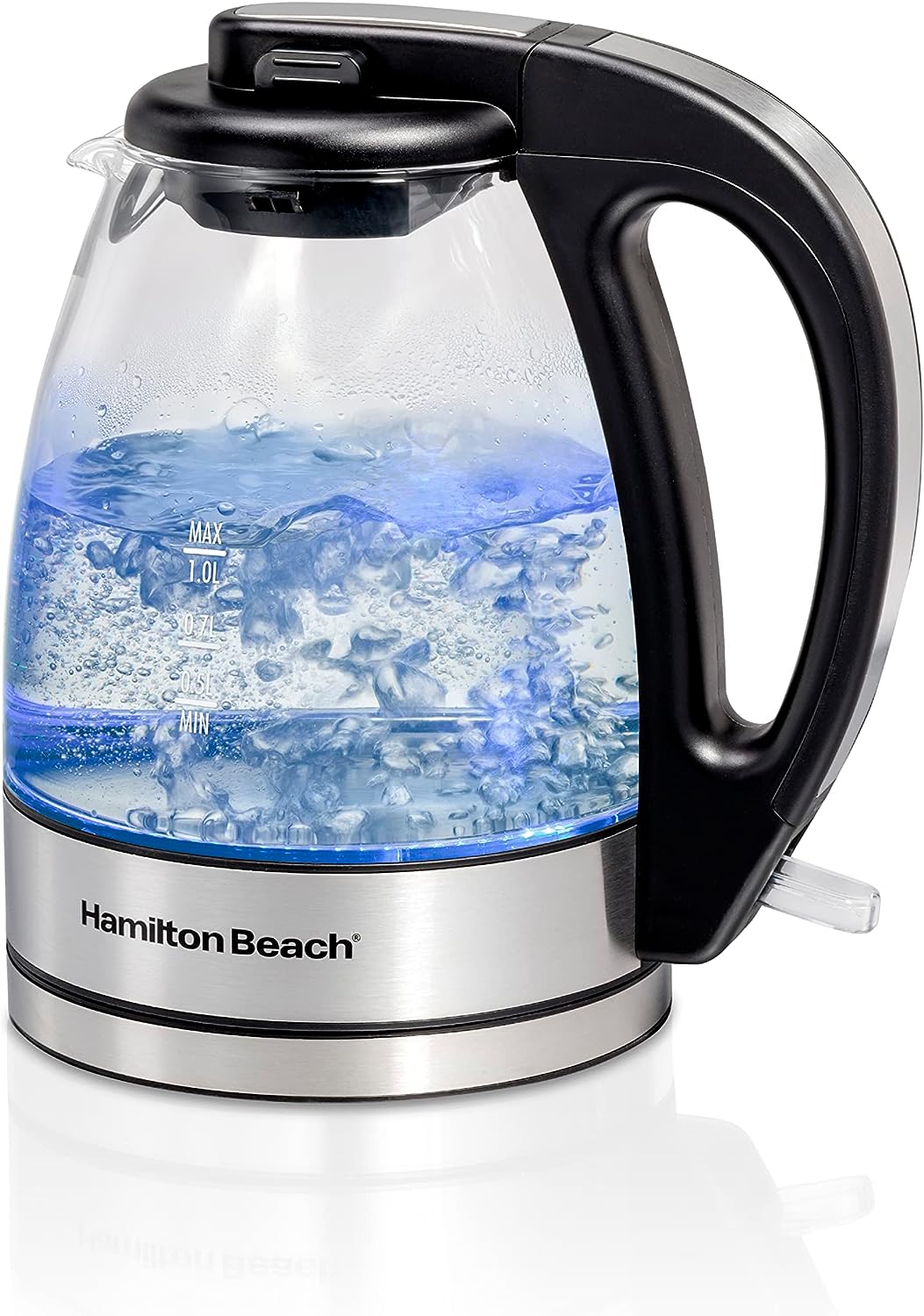 Hamilton Beach Glass Electric Tea Kettle, Water Boiler  Heater, 1 Liter, 1500 Watts for Fast Boiling, BPA Free, Cordless Serving, Auto-Shutoff  Boil-Dry Protection, Soft Blue LED (40930)
