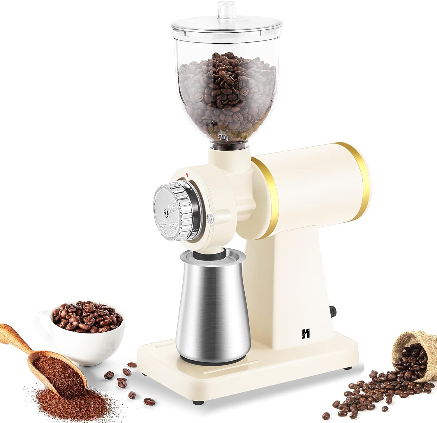 Huanyu Electric Coffee Bean Grinder 250G CommercialHome Milling Grinding Machine 200W Automatic Burr Grinder Professional Miller 8 Fine - Coarse Grind Size Settings (White)