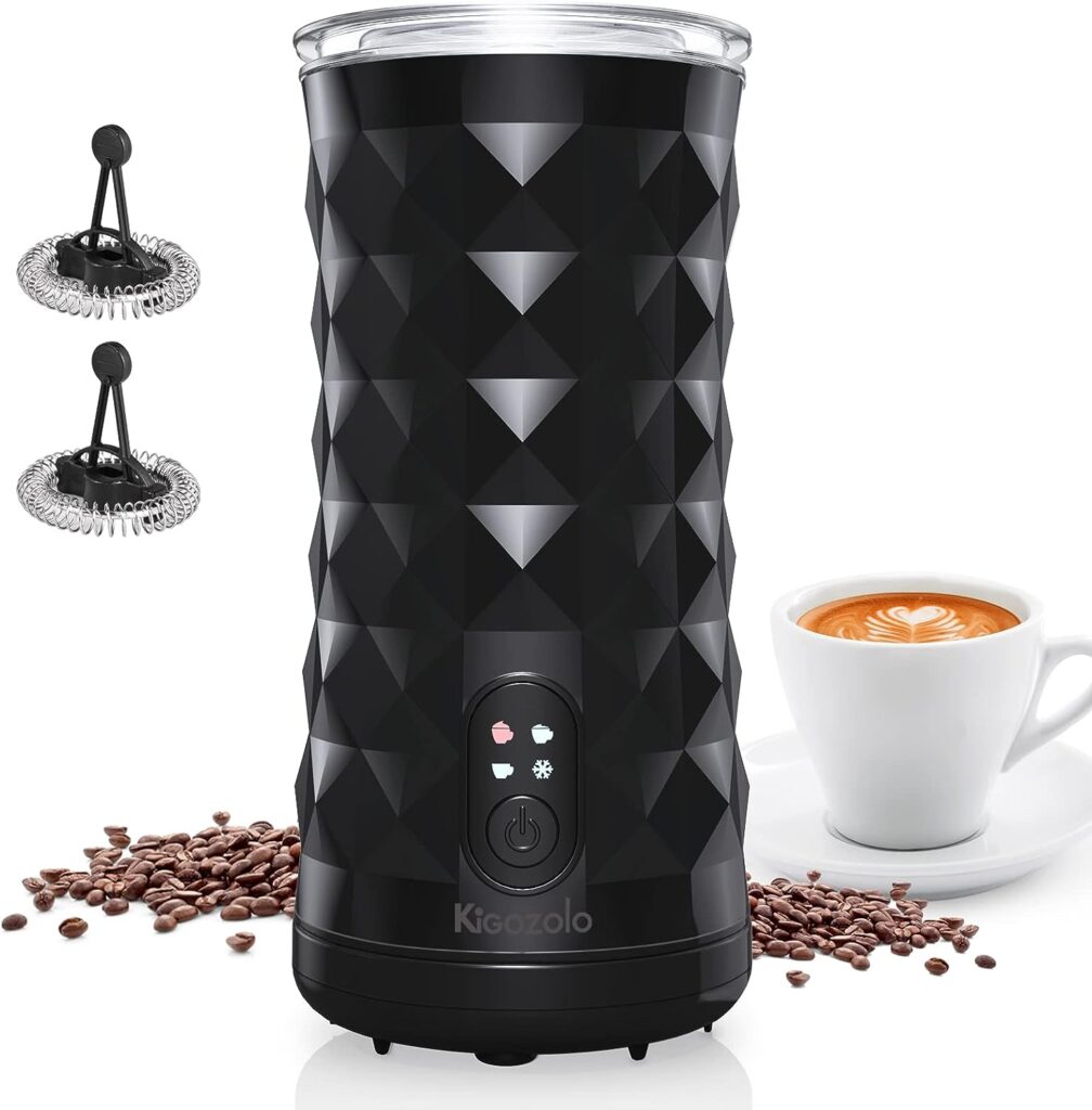 KIGOZOLO Milk Frother Steamer 4 in 1 Electric Coffee Frother with Quiet Operation,Effortless Foam,Unique Diamond Design,Temperature Control, and Auto Shut-Off, Perfect for Coffee Lovers(Black)