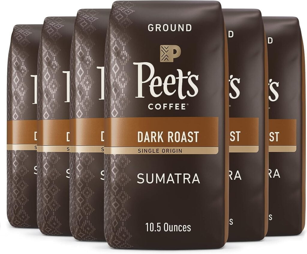 Peets Coffee, Dark Roast Ground Coffee - Single Origin Sumatra 63 Ounces (Six Bags of 10.5 Ounce)