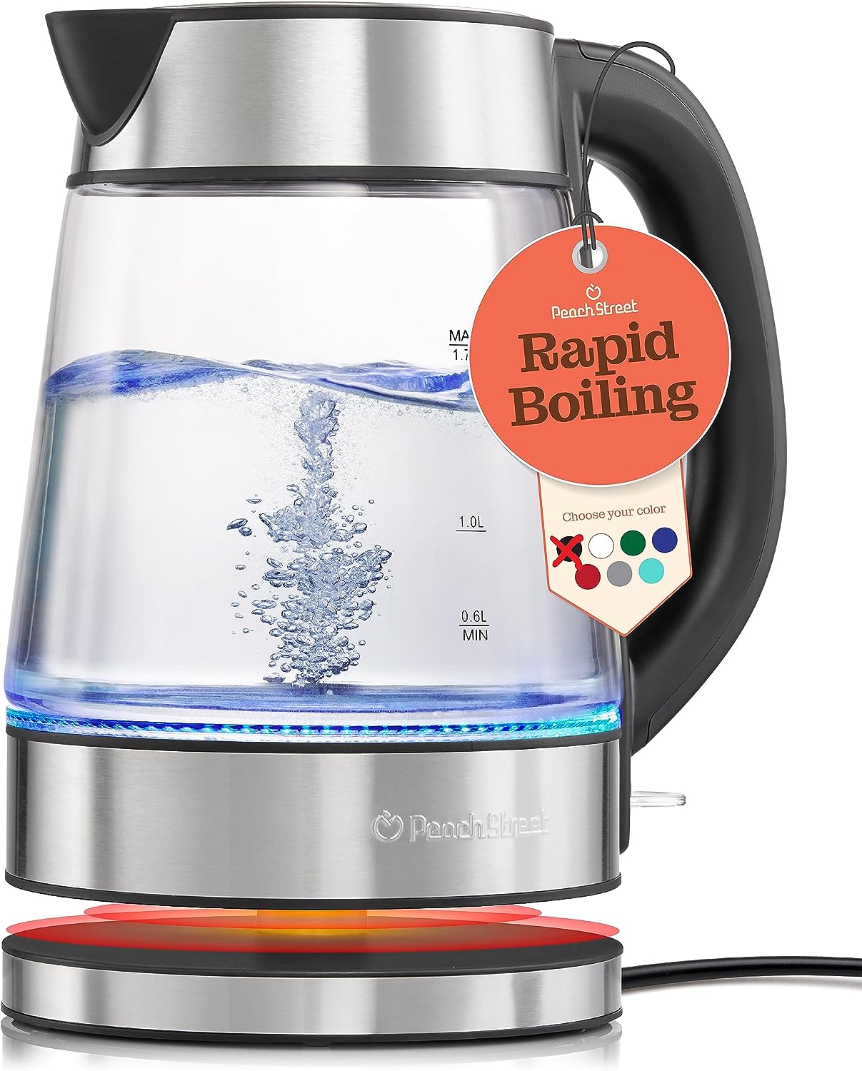 Speed-Boil Electric Kettle - 1.7L Water Boiler 1500W, Coffee  Tea Kettle Borosilicate Glass, Easy Clean Wide Opening, Auto Shut-Off, Cool Touch Handle, LED Light. 360° Rotation, Boil Dry Protection