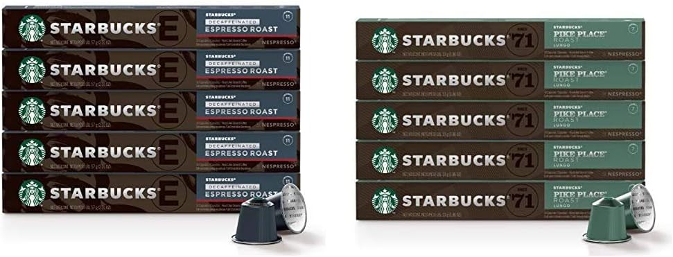 Starbucks by Nespresso, Decaf Espresso Dark Roast (50-count single serve capsules)  Pike Place Roast (50-count single serve capsules, compatible with Nespresso Original Line System)