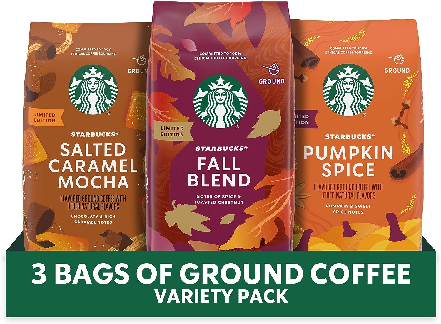 Starbucks Ground Coffee Fall Bundle, Medium Roast and Naturally Flavored Coffee, 100% Arabica, Limited Edition, 3 Bags (32 Oz Total)