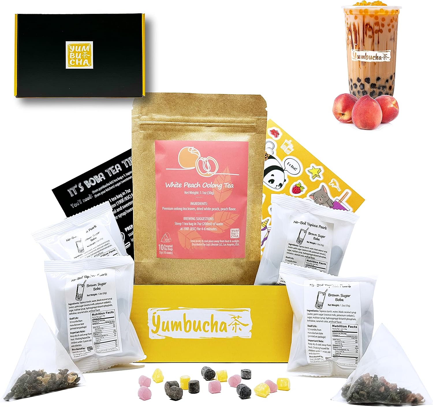 YUMBUCHA Boba Kit Set - DIY Boba Tea Making Kit with White Peach Oolong  Tapioca Pearls - Create 10 Delightful Drinks - Exquisite Loose Leaf Teabags Included - Boba Tea Gift Set for Tea Lovers