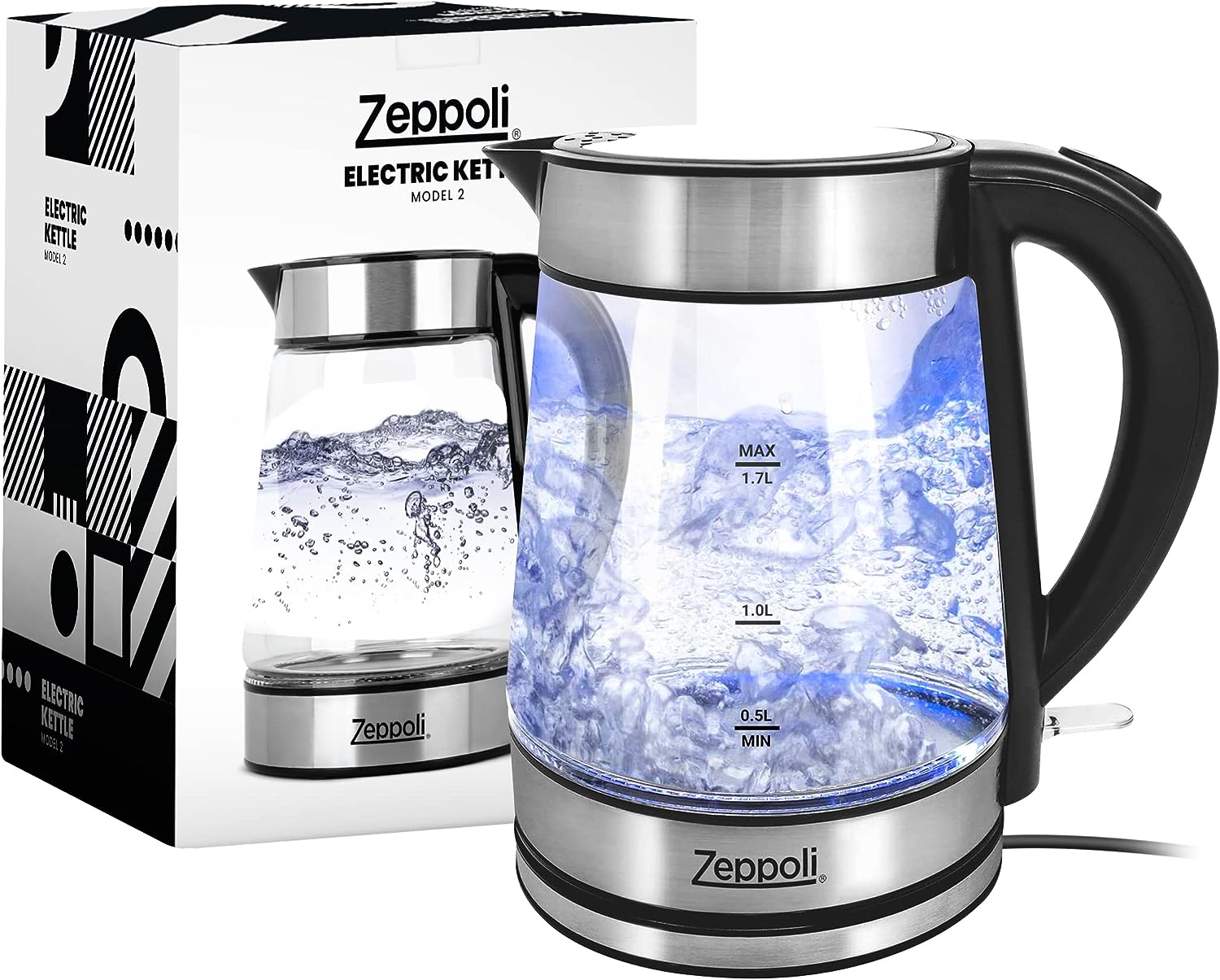 Zeppoli Electric Kettle - Glass Tea Kettle  Hot Water Boiler/Heater-Auto Shutoff (1.7L)  Boil-Dry Protection-Electric Tea Kettle Cordless  Portable with LED Indicator-Stainless Steel Lid  Bottom